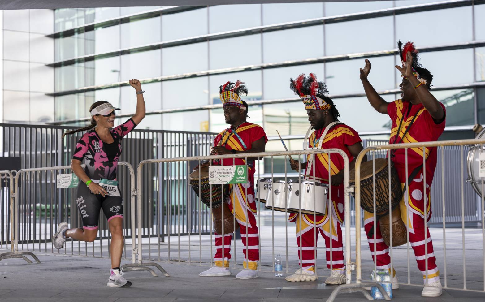 Drummers cheering people on at the Dubai T100 Triathlon