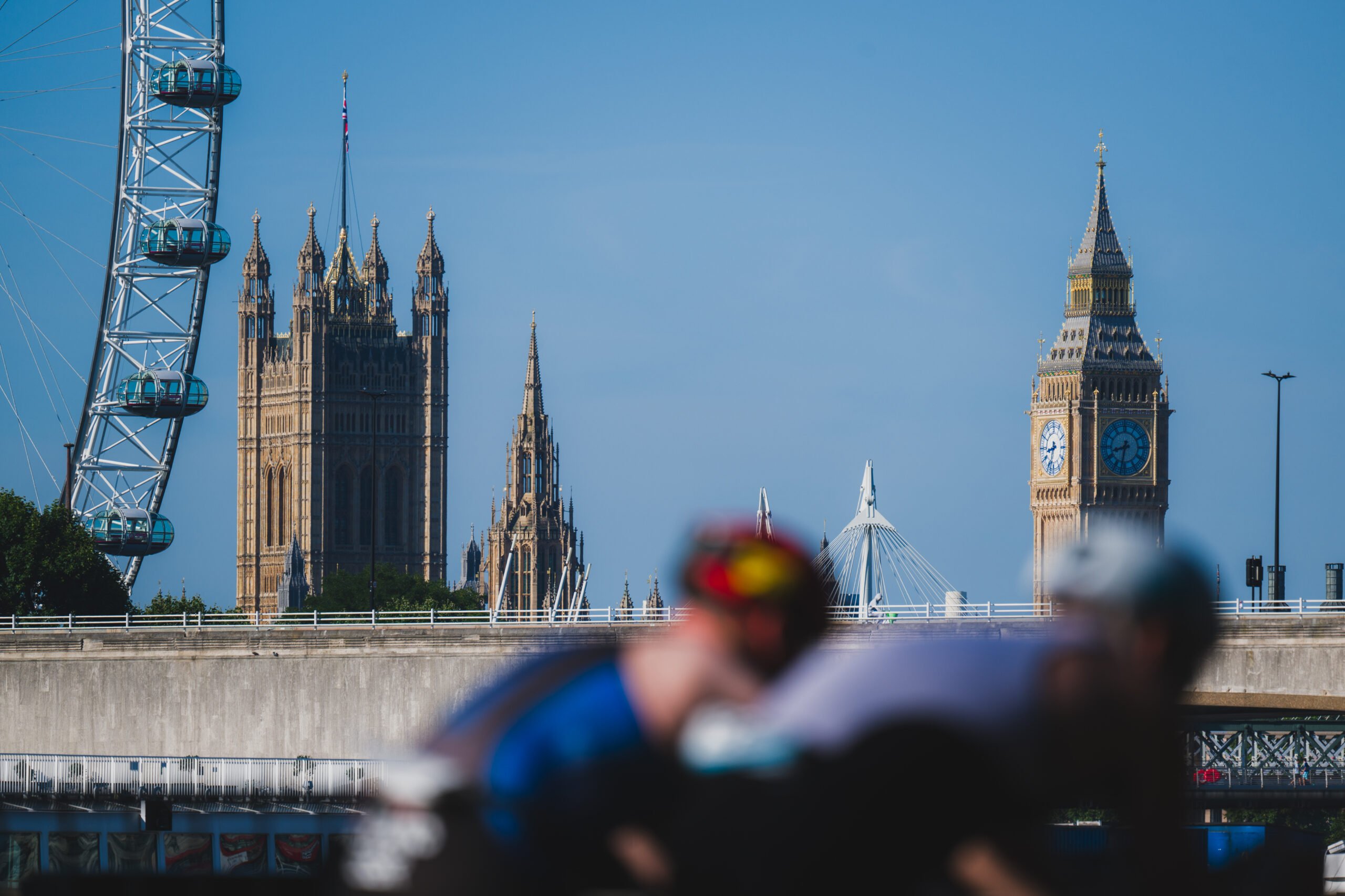 View towards the London eye and Big Ben during the London T100 Triathlon